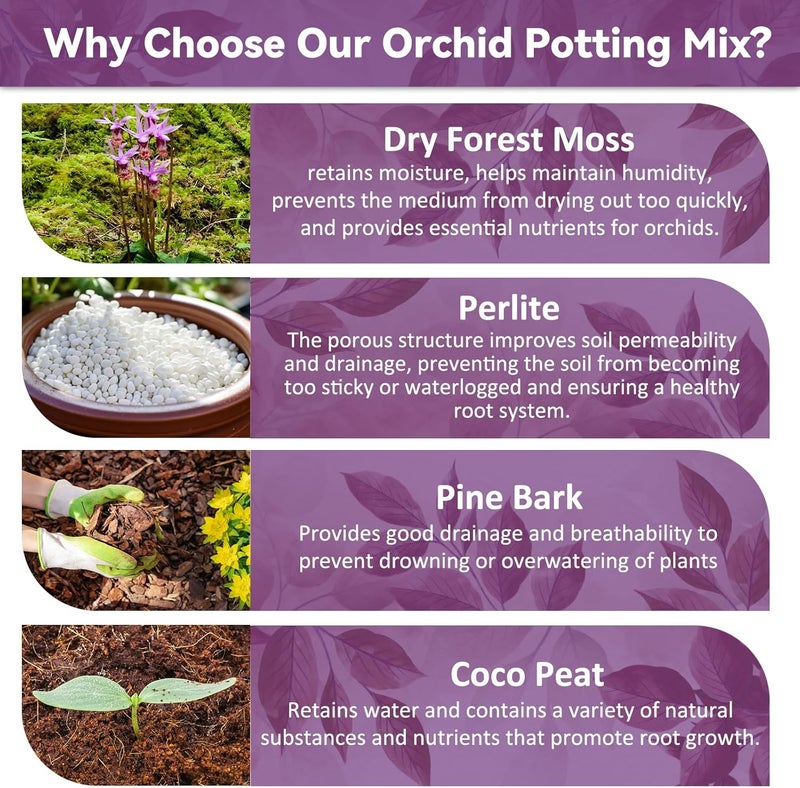 Riare 4QT Orchid Potting Mix for Repotting- Orchid Repotting Kit Include Moss, Pine Bark, Perlite, Coco Peat- Premium Orchid Soil Medium for Indoor Potted Plants Root Ventilation & Expanding - Image 3